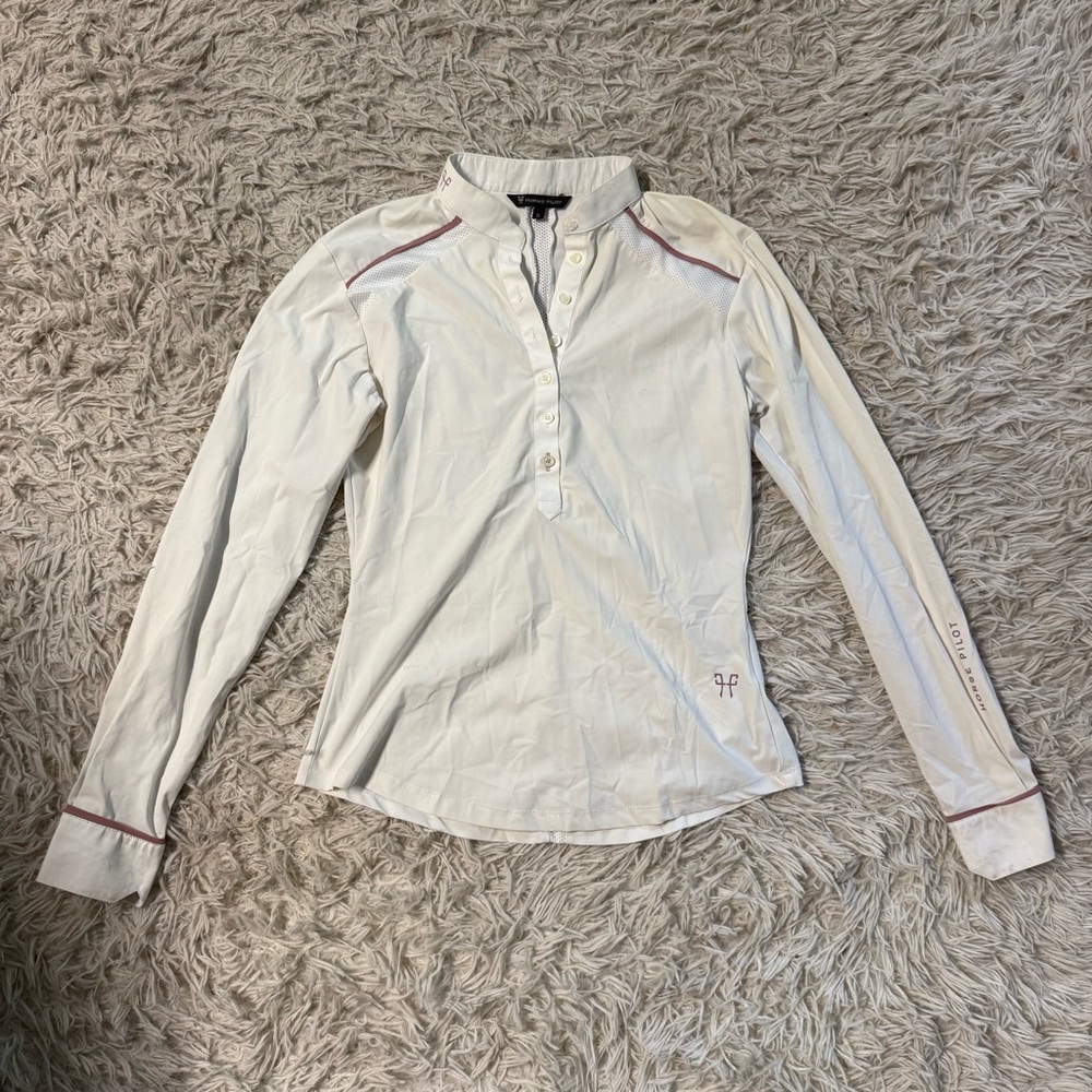 Women’s Small White Horse Pilot Long Sleeve Horseback Riding Show Shirt. Good Co